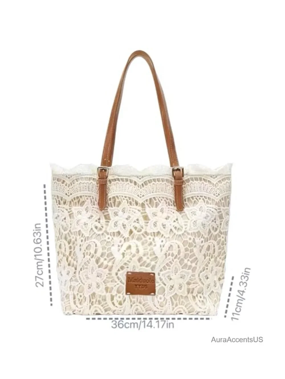 White Lace Overlay Tote with Kiss Lock Closure and Wrist Strap